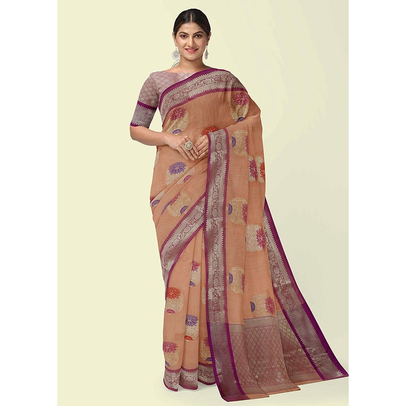 Peach Silk Zari Saree Without Blouse Piece - JD986582121