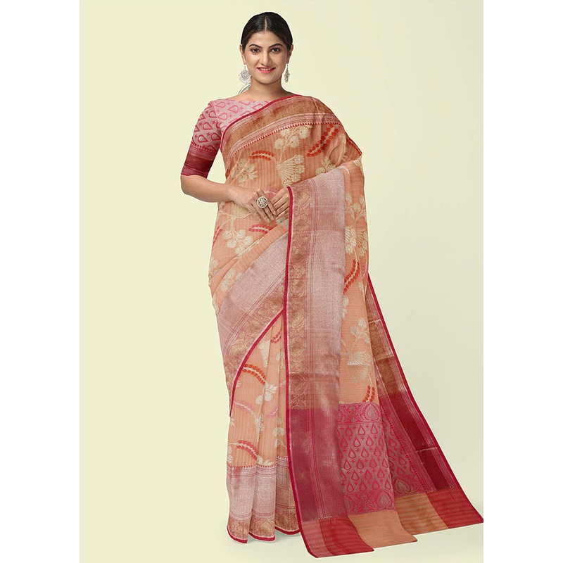 Peach Silk Zari Saree Without Blouse Piece - JD986582122