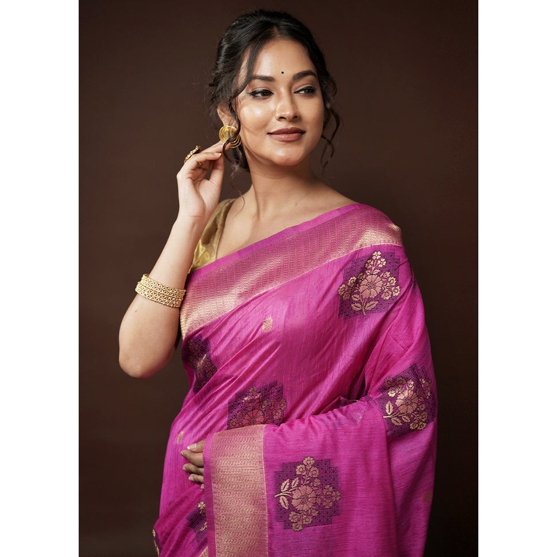 Pink Dupion Silk Saree With Blouse Piece - JD986582062