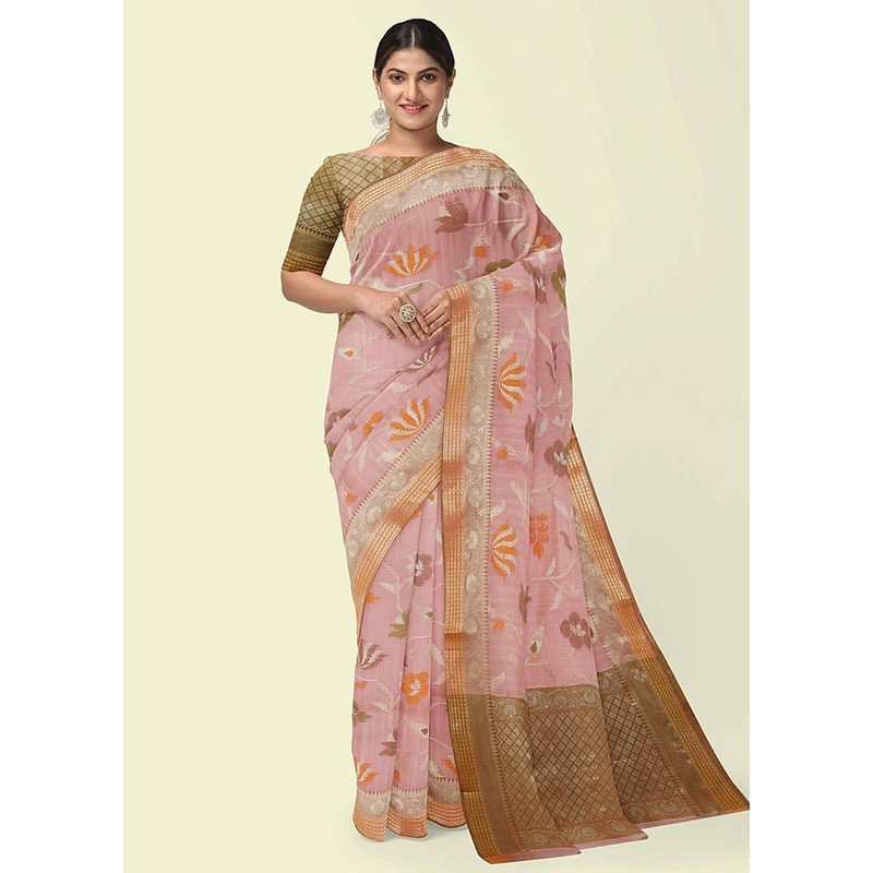 Pink Silk Zari Saree Without Blouse Piece - JD986582106
