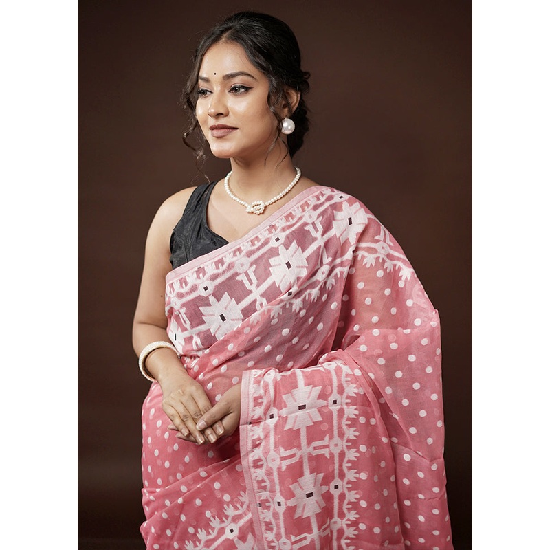 Pink Tant Jamdani Saree Without Blouse Piece - JD986582059