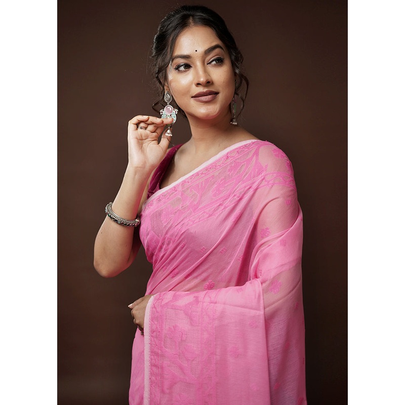 Pink Tant Jamdani Saree Without Blouse Piece - JD986582060