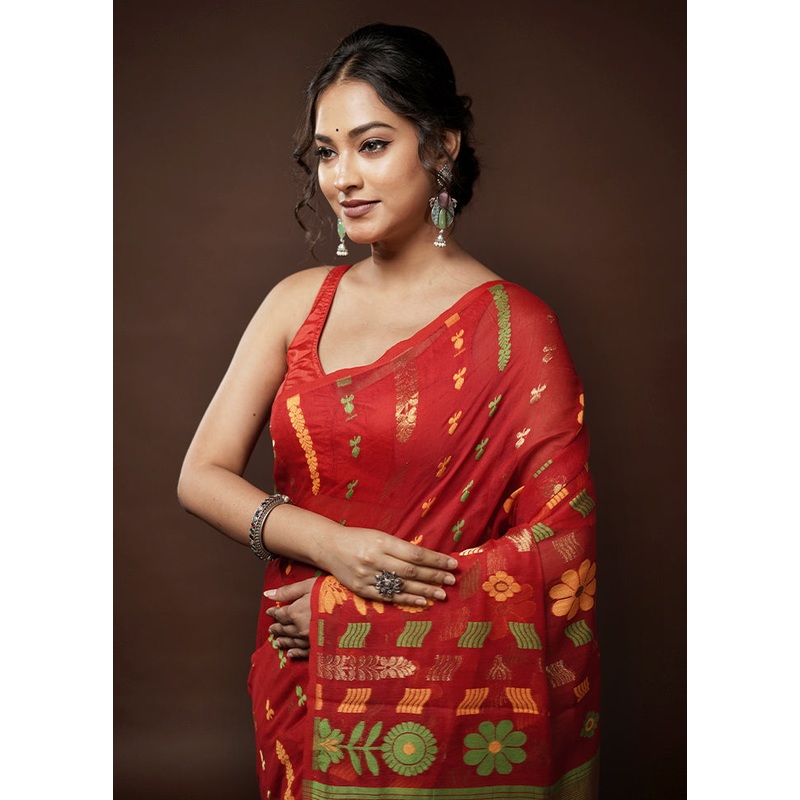 Red Tant Jamdani Saree Without Blouse Piece - JD986582058