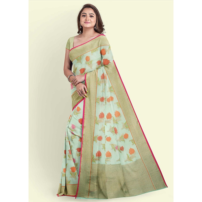 Sea Green Cotton Saree With Blouse Piece - JD986582093