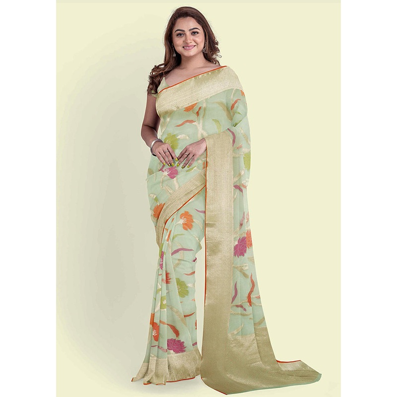 Sea Green Cotton Saree With Blouse Piece - JD986582094