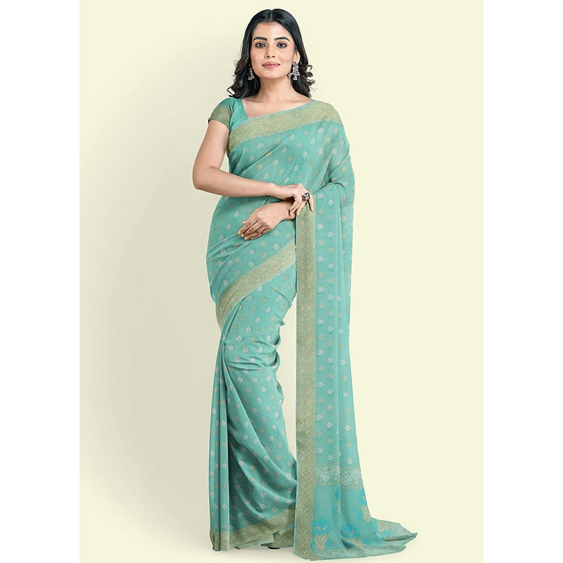 Sea Green Cotton Saree With Blouse Piece - JD986582097
