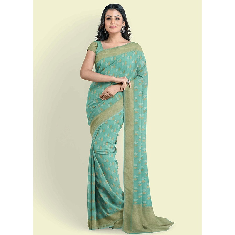 Sea Green Cotton Saree With Blouse Piece - JD986582098
