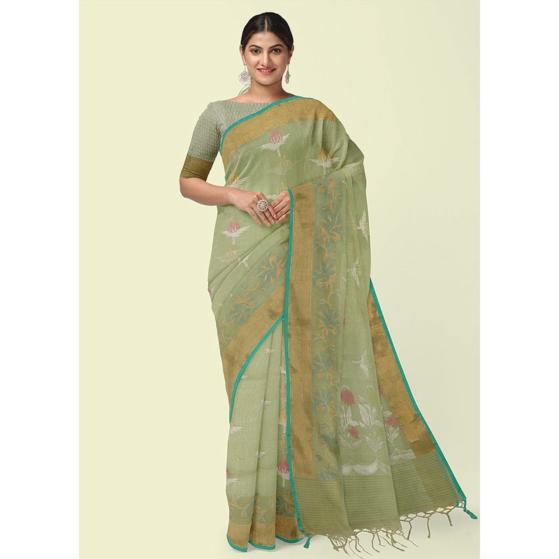 Sea Green Cotton Zari Saree Without Blouse Piece - JD986582006