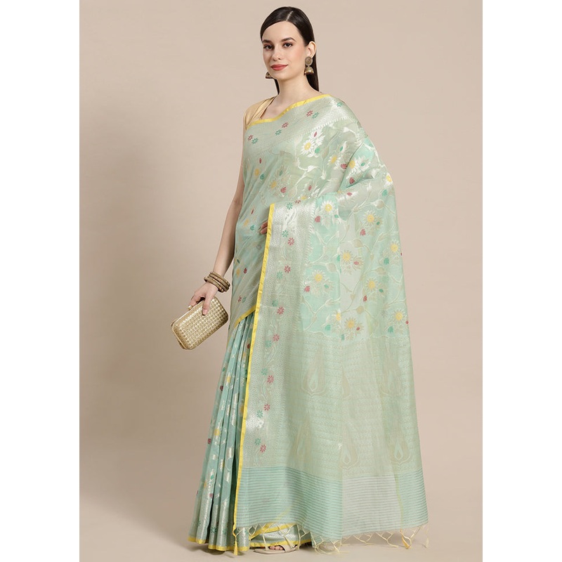 Sea Green Cotton Zari Saree Without Blouse Piece - JD986582007