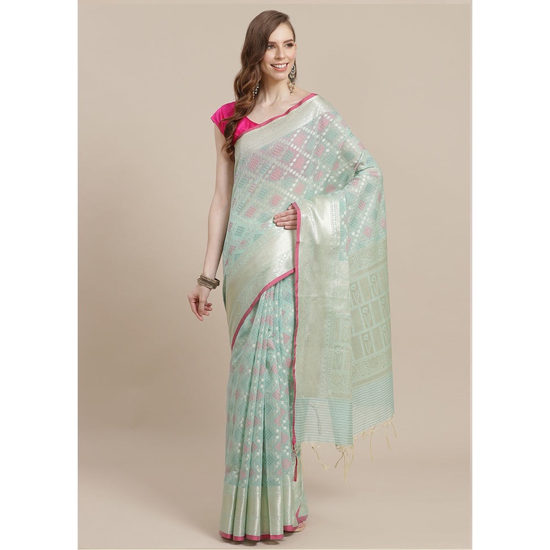 Sea Green Cotton Zari Saree Without Blouse Piece - JD986582008