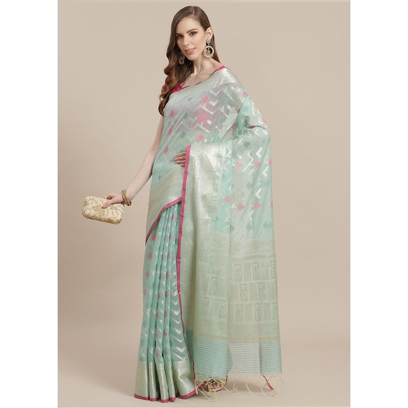 Sea Green Cotton Zari Saree Without Blouse Piece - JD986582009