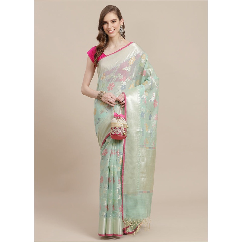 Sea Green Cotton Zari Saree Without Blouse Piece - JD986582010