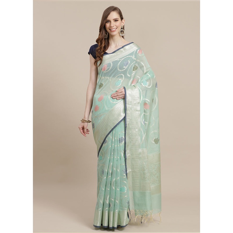 Sea Green Cotton Zari Saree Without Blouse Piece - JD986582092