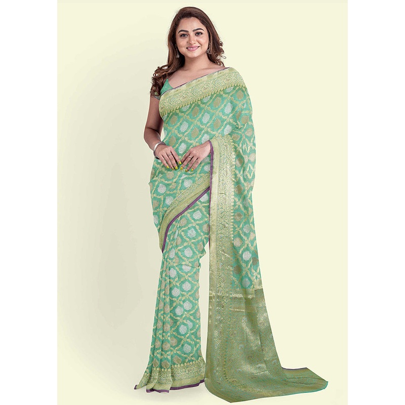 Sea Green Silk Zari Saree Without Blouse Piece - JD986582087
