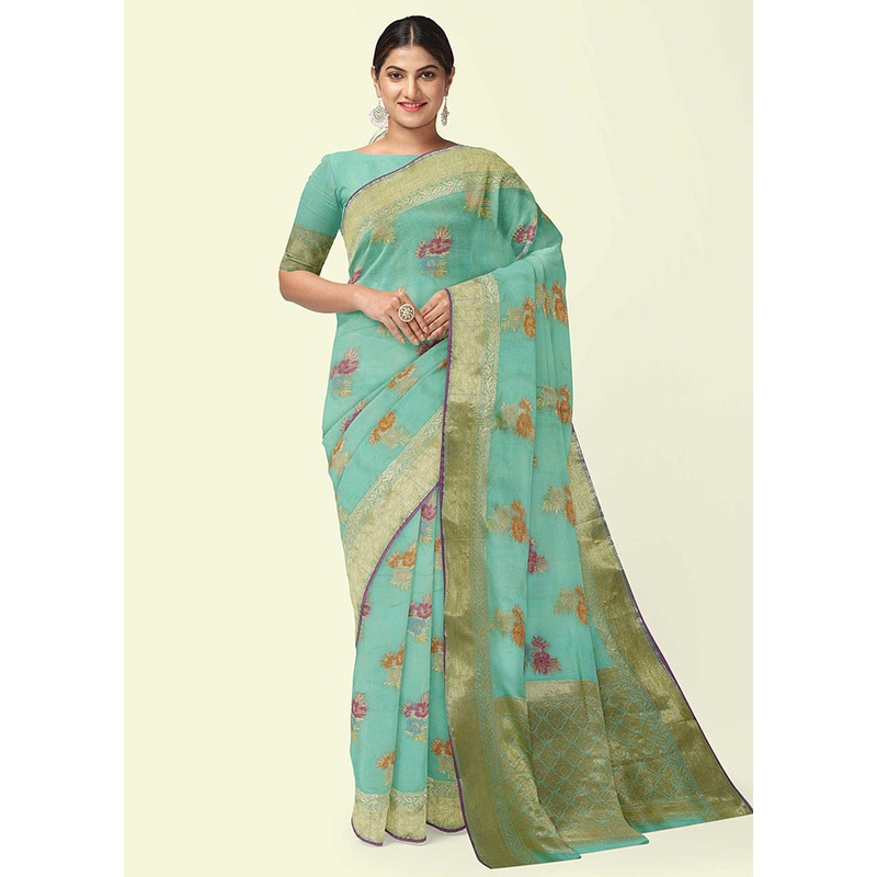 Sea Green Silk Zari Saree Without Blouse Piece - JD986582088