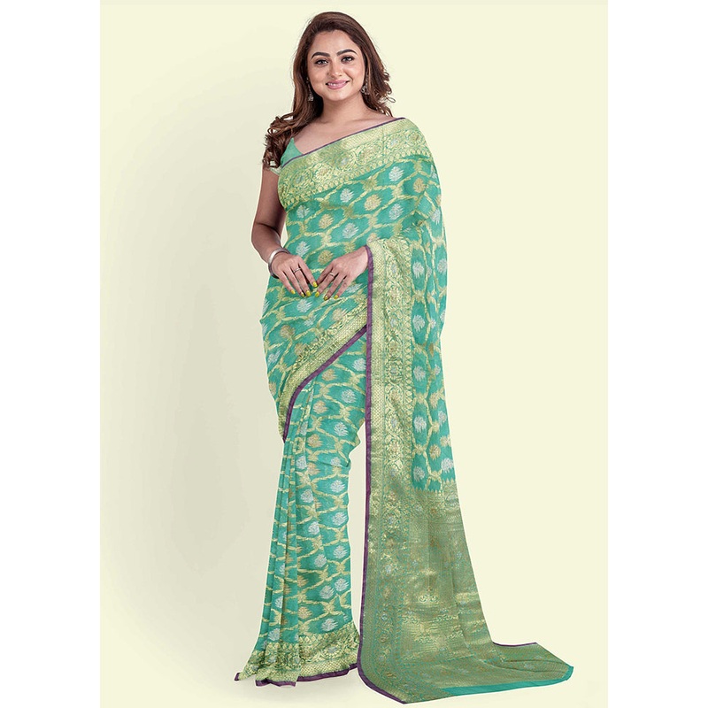 Sea Green Silk Zari Saree Without Blouse Piece - JD986582089