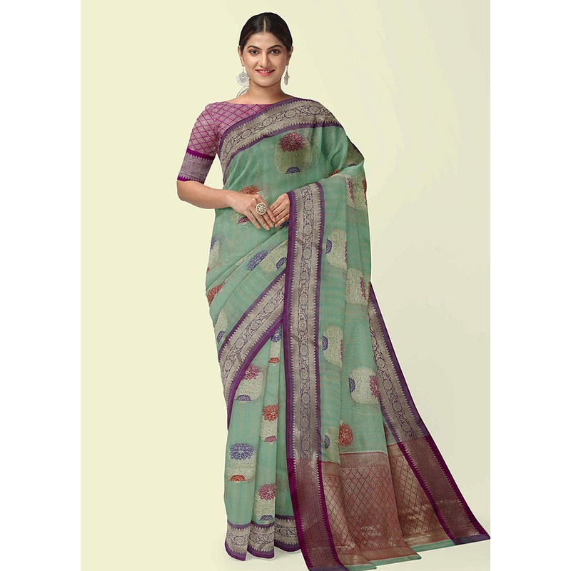 Sea Green Silk Zari Saree Without Blouse Piece - JD986582090