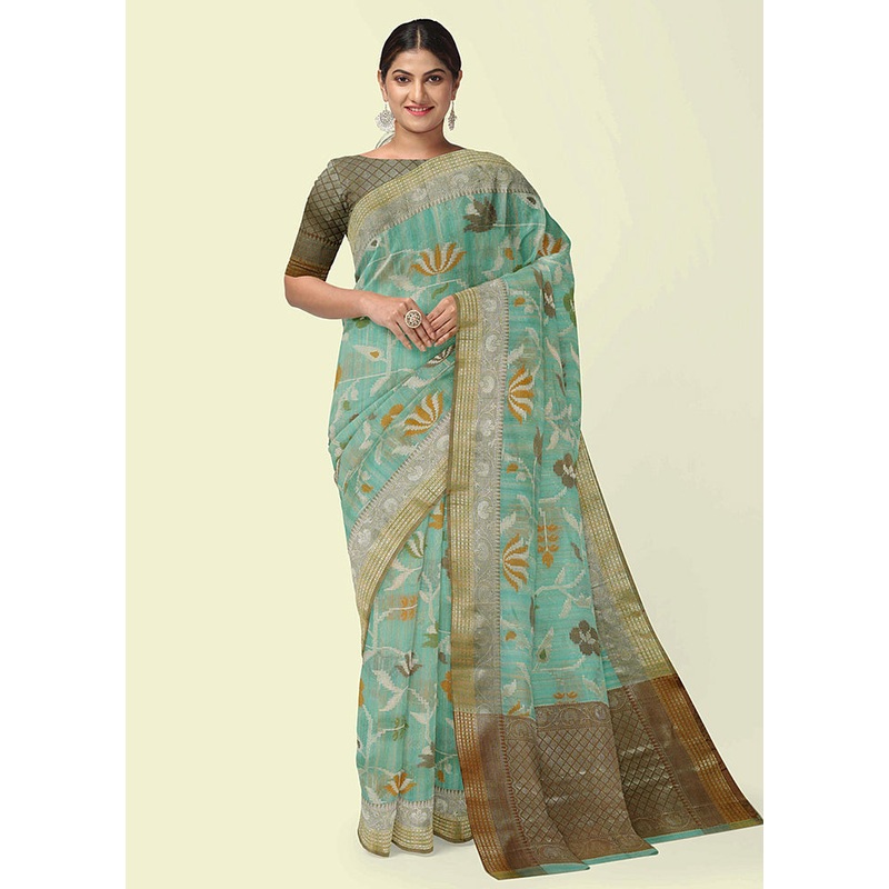 Sea Green Silk Zari Saree Without Blouse Piece - JD986582091