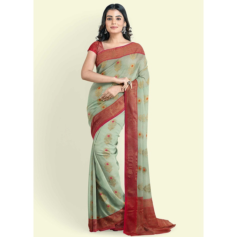 Turquoise Blue Cotton Saree With Blouse Piece - JD986582086