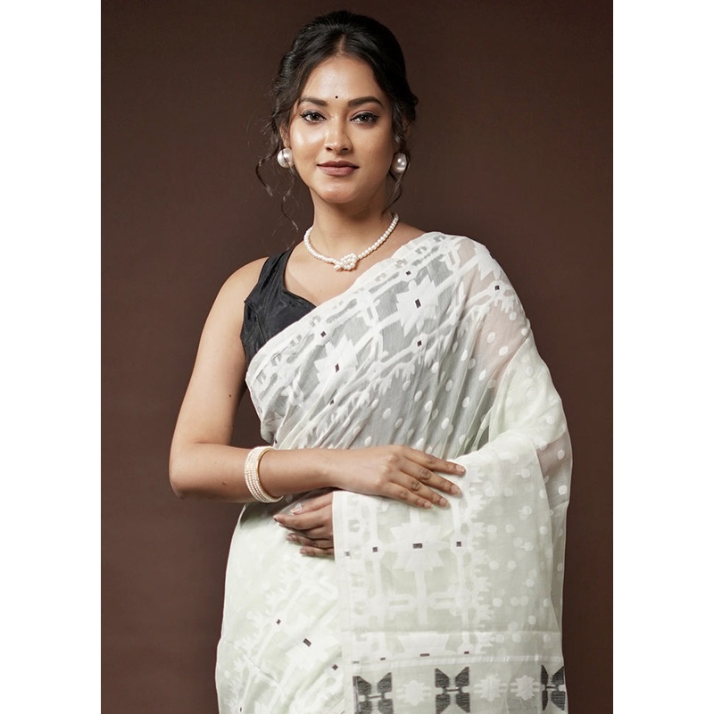 White Tant Jamdani Saree Without Blouse Piece - JD986582069