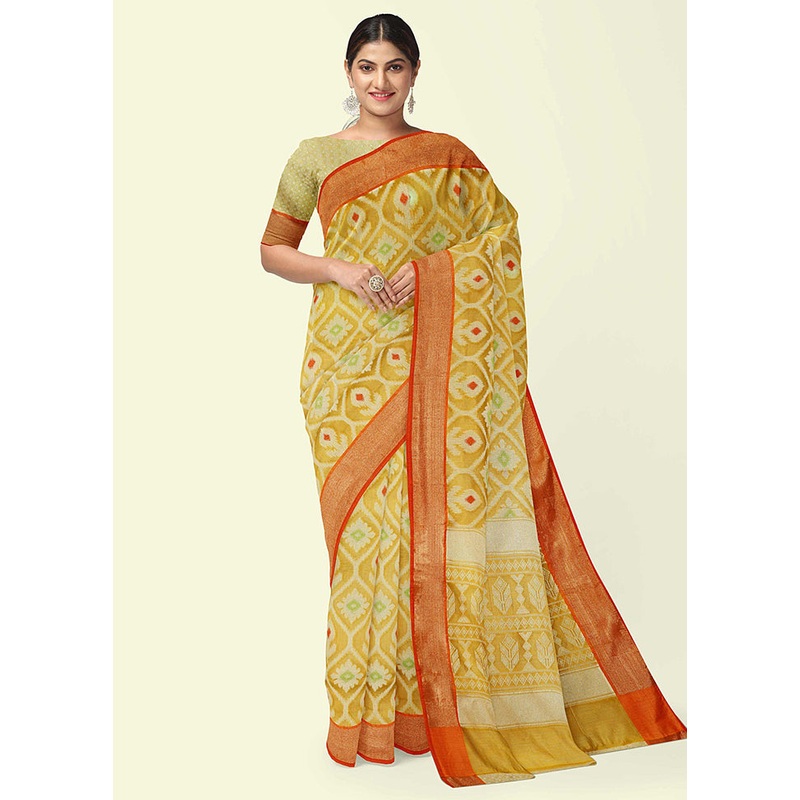 Yellow Cotton Saree With Blouse Piece - JD986582077