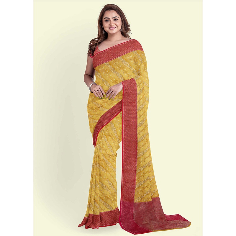 Yellow Cotton Saree With Blouse Piece - JD986582078