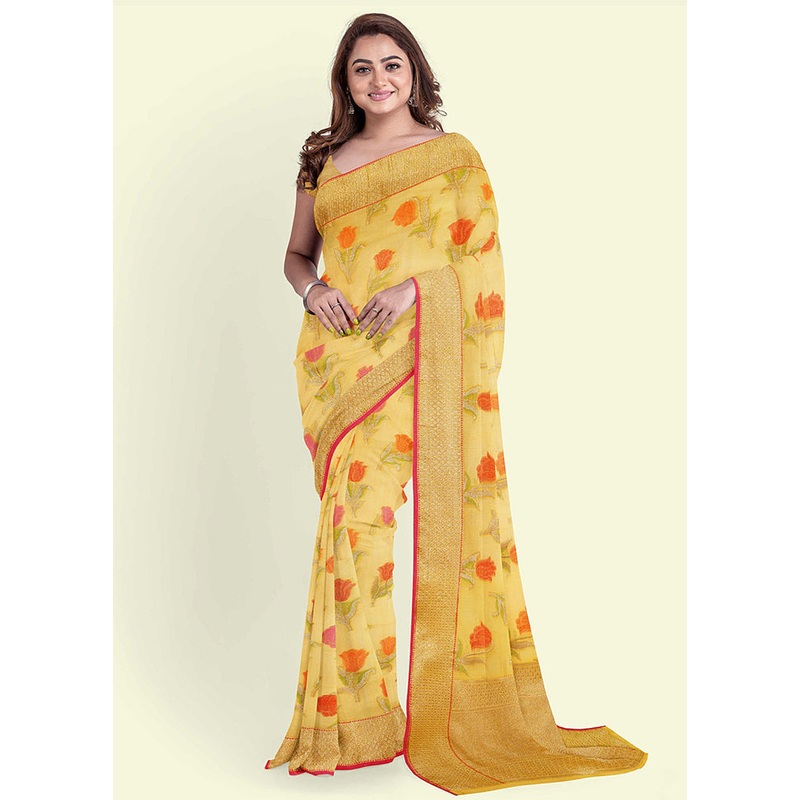 Yellow Cotton Saree With Blouse Piece - JD986582079