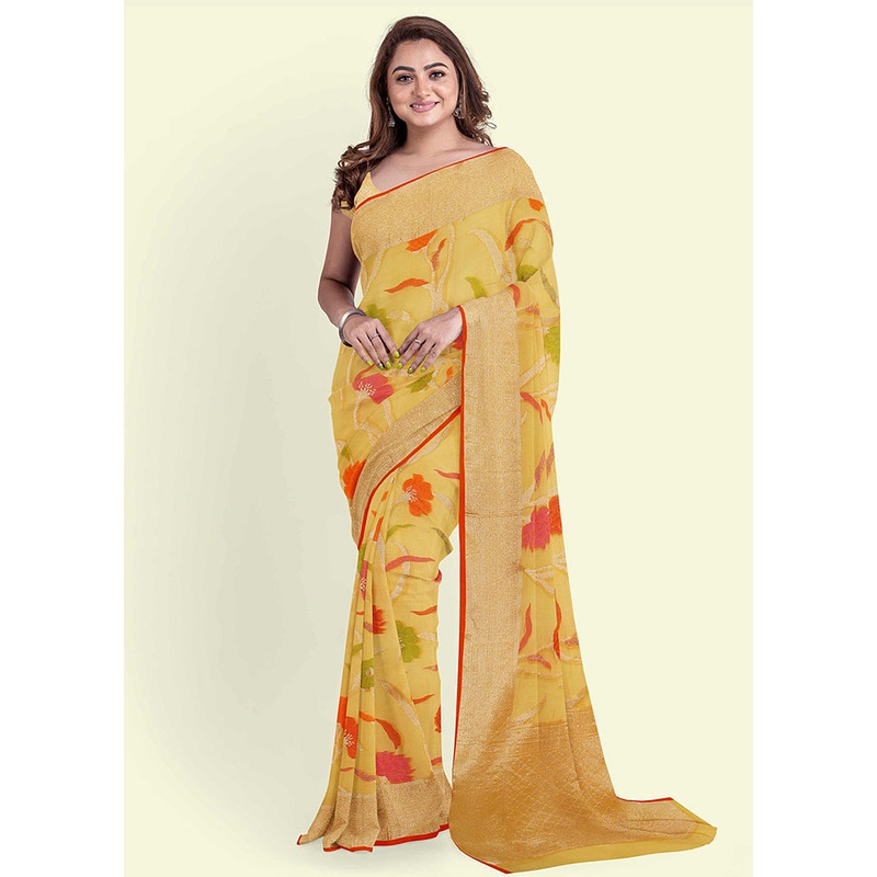 Yellow Cotton Saree With Blouse Piece - JD986582080