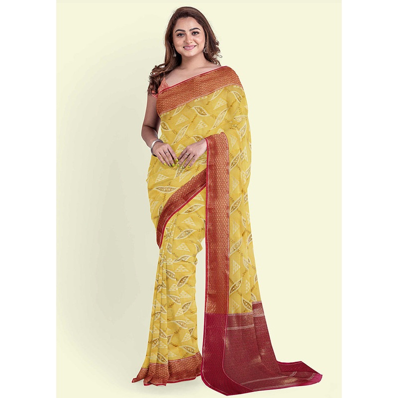 Yellow Cotton Saree With Blouse Piece - JD986582081