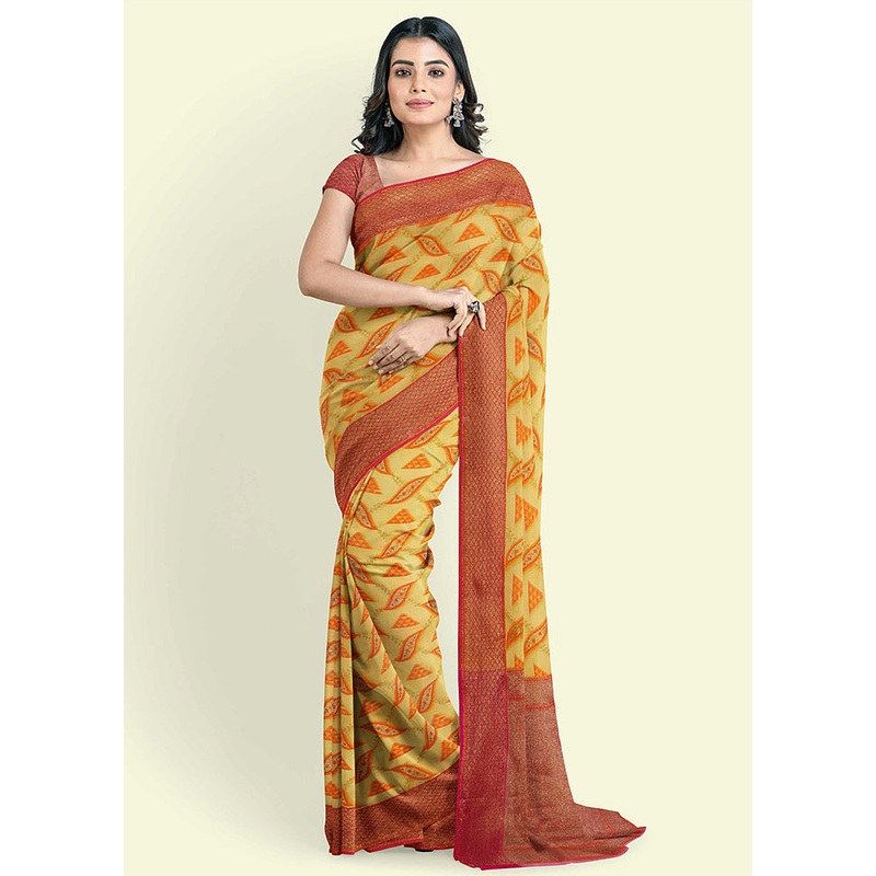 Yellow Cotton Saree With Blouse Piece - JD986582082