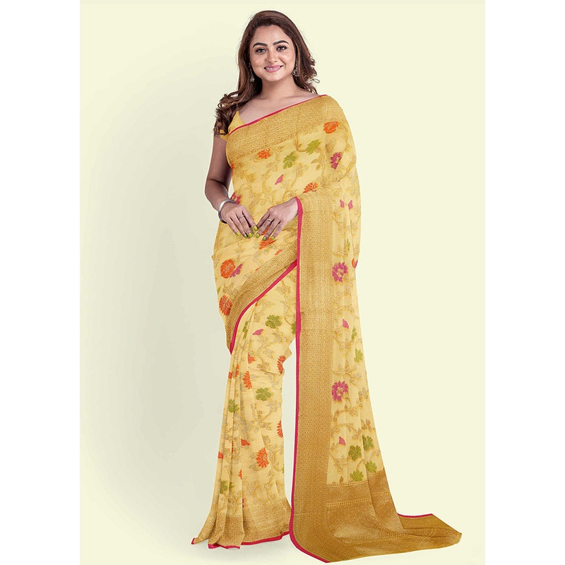 Yellow Cotton Saree With Blouse Piece - JD986582083