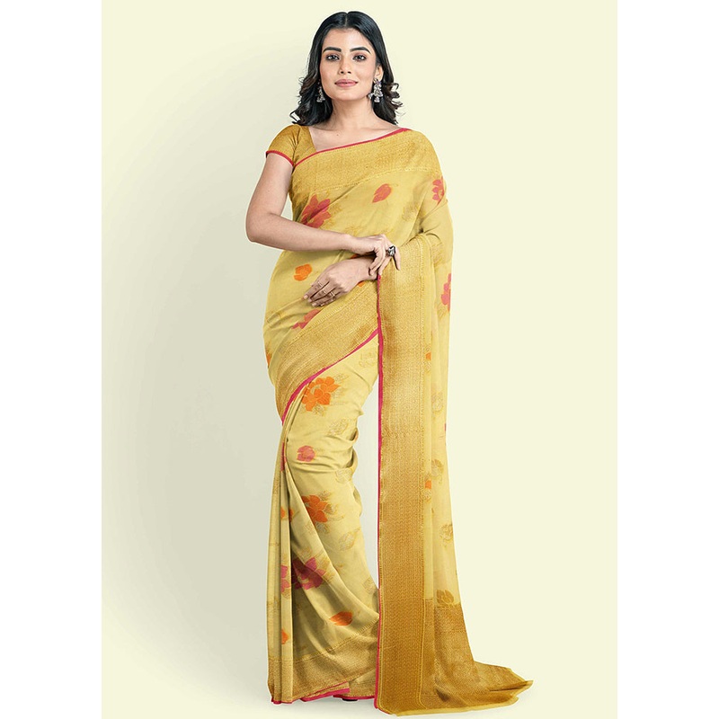 Yellow Cotton Saree With Blouse Piece - JD986582084