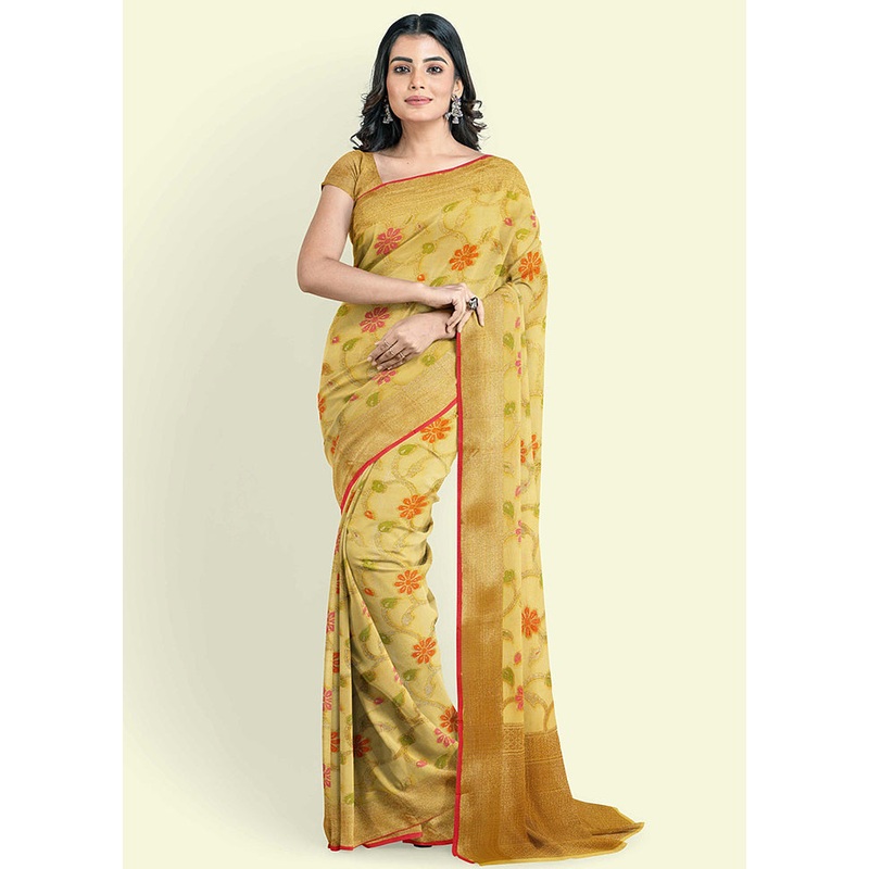 Yellow Cotton Saree With Blouse Piece - JD986582085