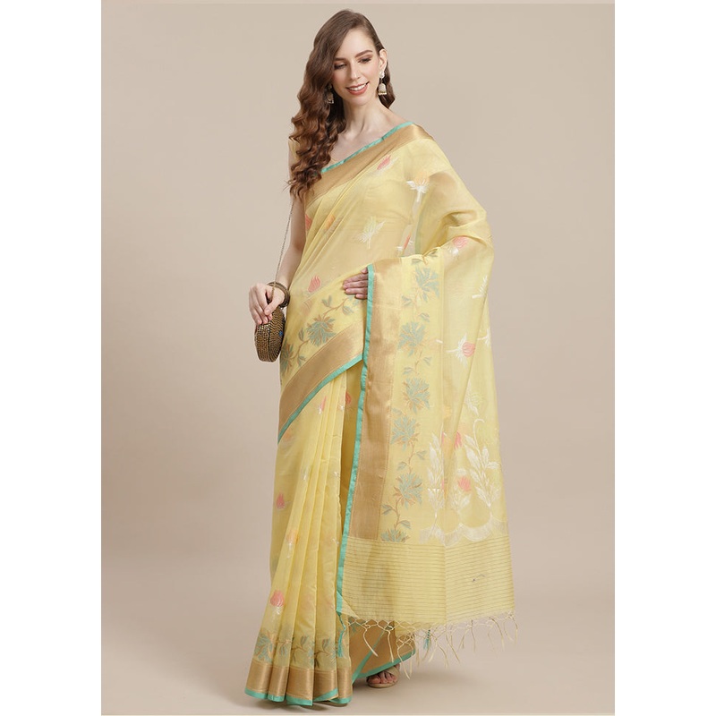 Yellow Cotton Zari Saree Without Blouse Piece - JD986582003