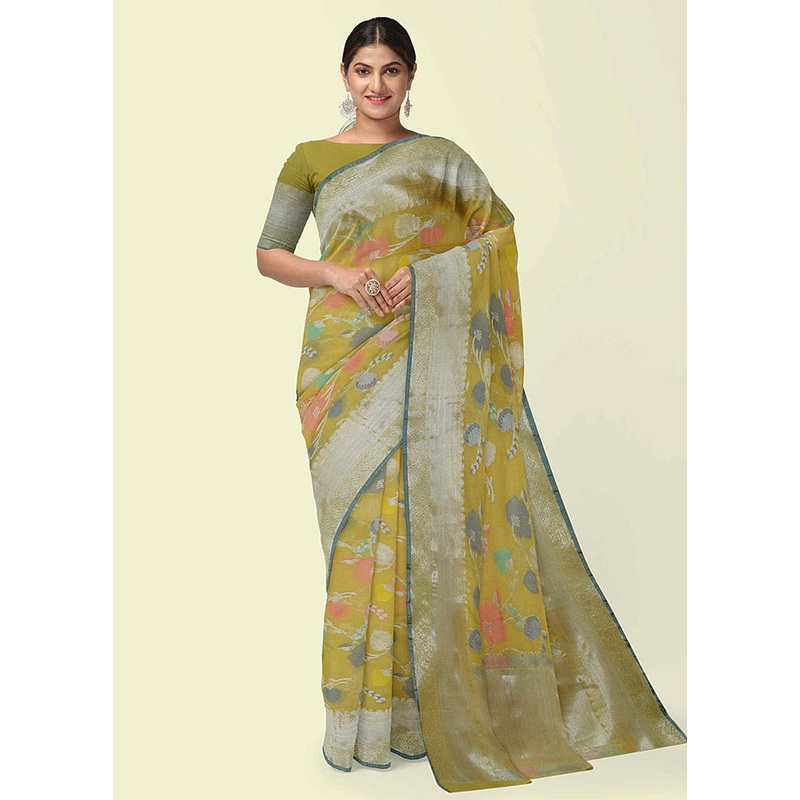 Yellow Cotton Zari Saree Without Blouse Piece - JD986582076