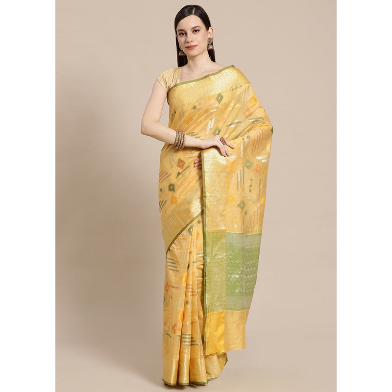 Yellow Silk Zari Saree Without Blouse Piece - JD986582072