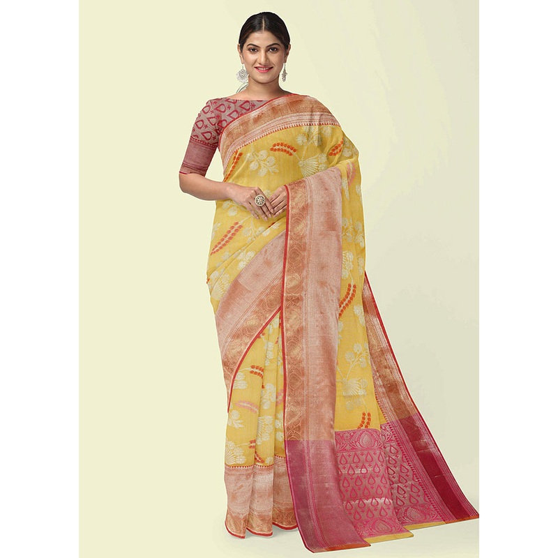 Yellow Silk Zari Saree Without Blouse Piece - JD986582073
