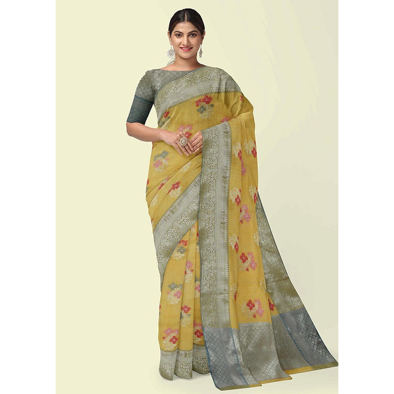 Yellow Silk Zari Saree Without Blouse Piece - JD986582074