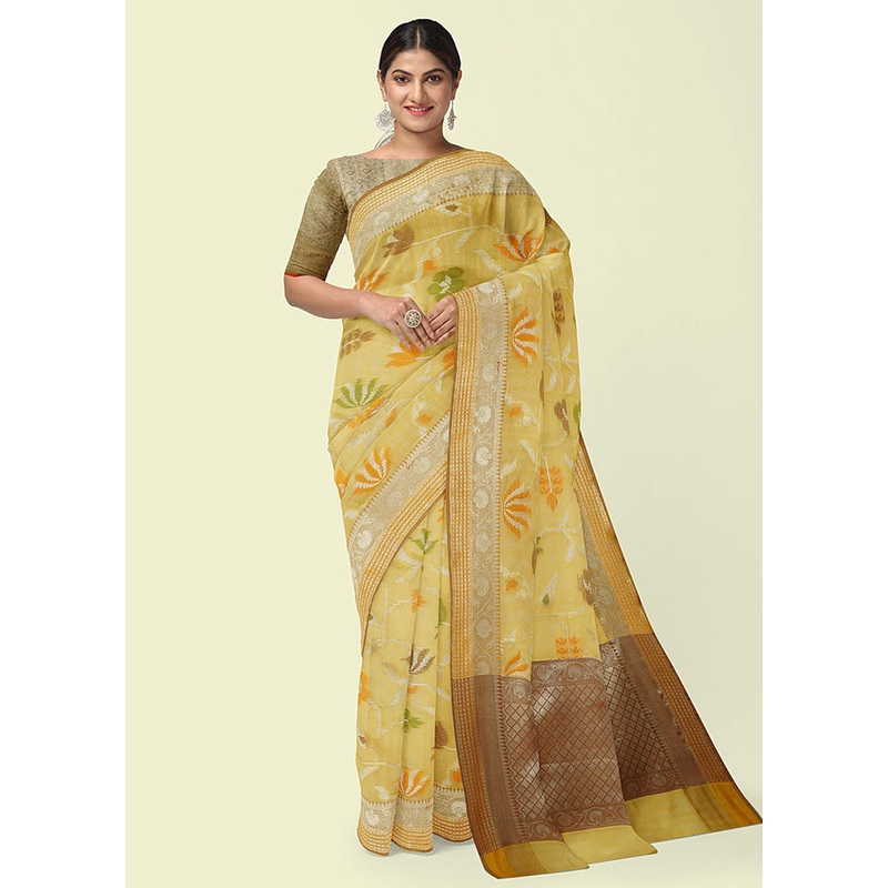 Yellow Silk Zari Saree Without Blouse Piece - JD986582075