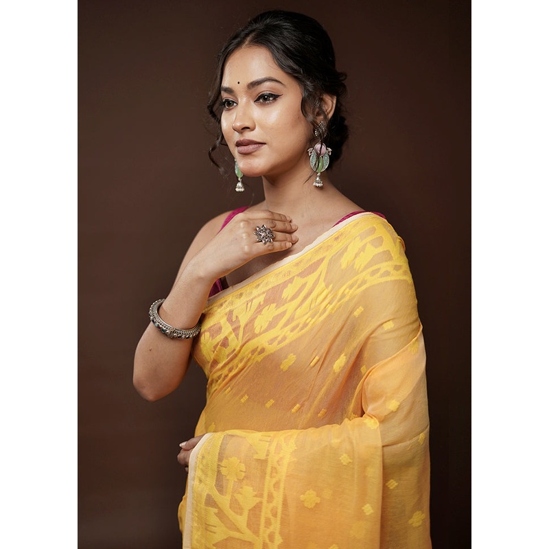 Yellow Tant Jamdani Saree Without Blouse Piece - JD986582055