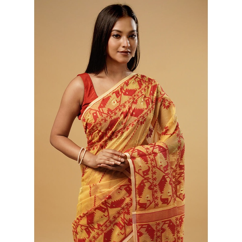 Yellow Tant Jamdani Saree Without Blouse Piece - JD986582056