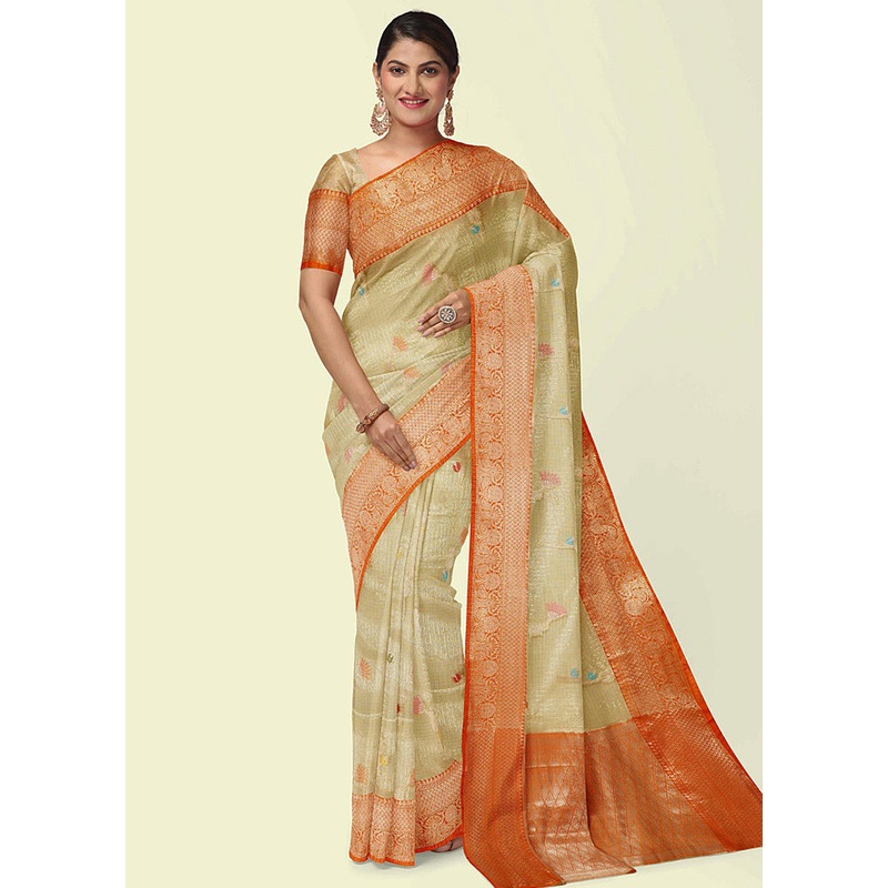 Beige Cotton Zari Saree Without Blouse Piece - JD986581833