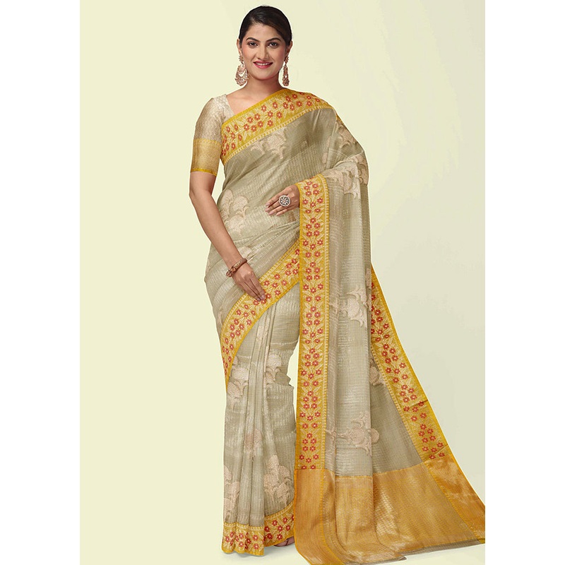 Beige Cotton Zari Saree Without Blouse Piece - JD986581835
