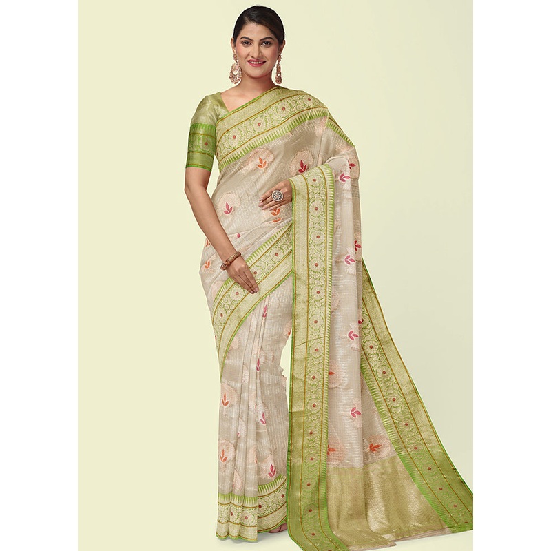 Beige Cotton Zari Saree Without Blouse Piece - JD986581837