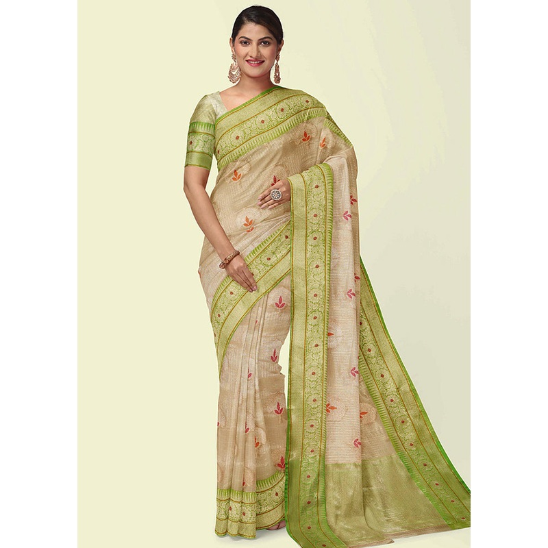 Beige Cotton Zari Saree Without Blouse Piece - JD986581839