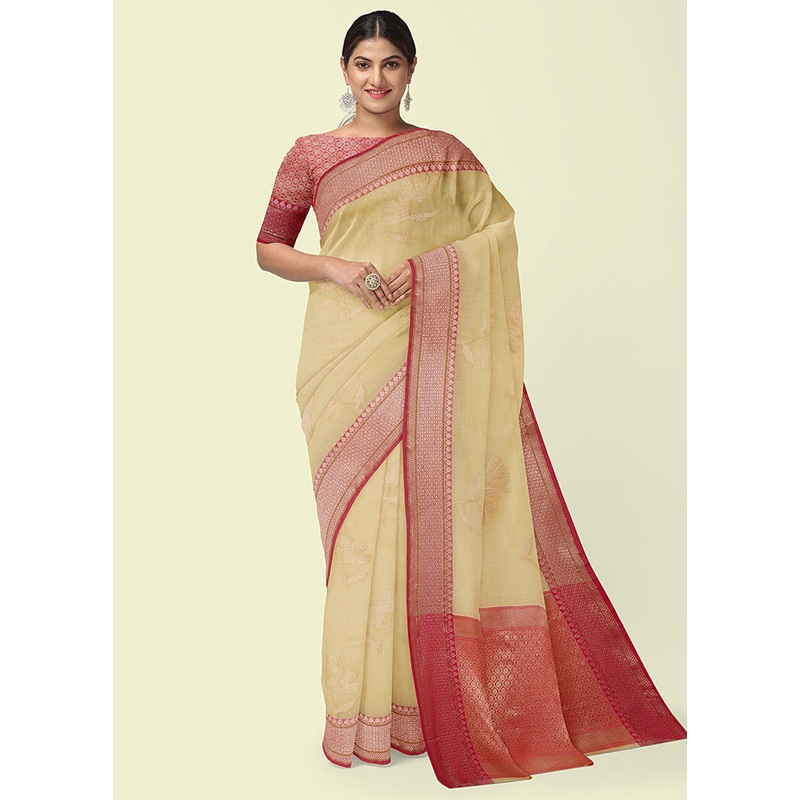 Beige Cotton Zari Saree Without Blouse Piece - JD986581842