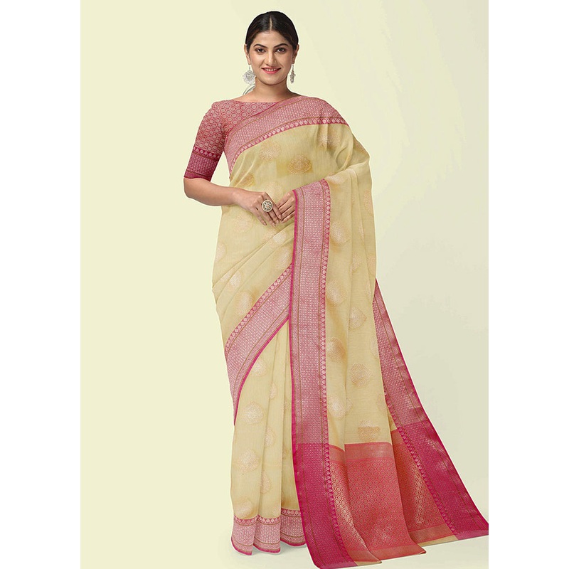 Beige Cotton Zari Saree Without Blouse Piece - JD986581843
