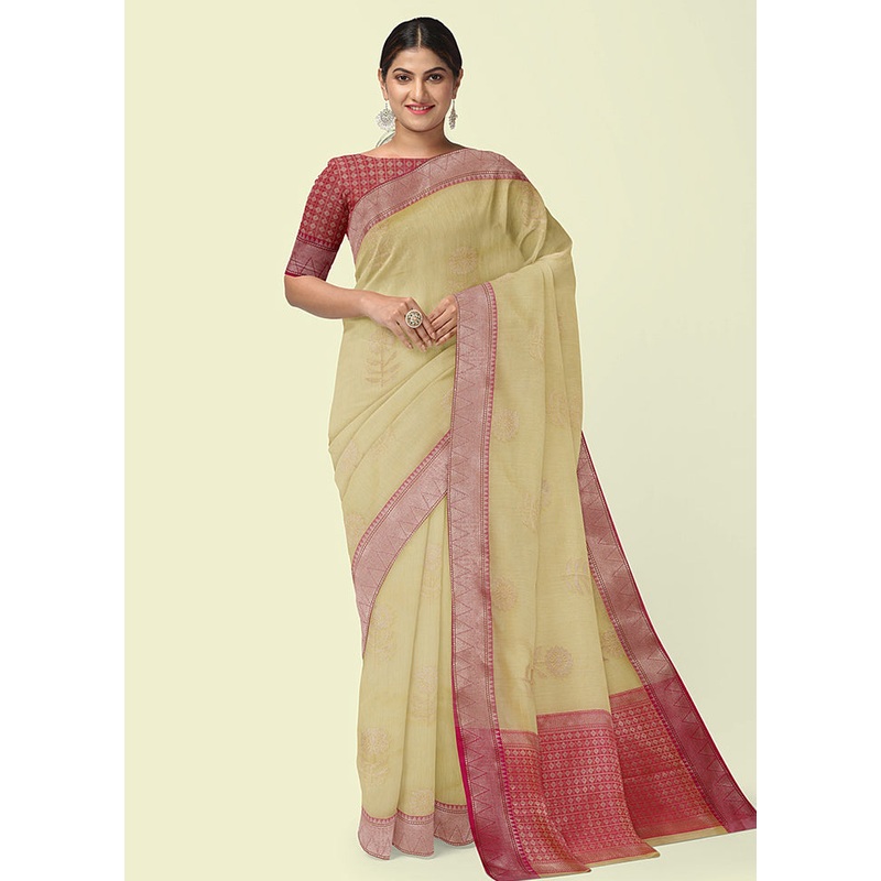 Beige Cotton Zari Saree Without Blouse Piece - JD986581844