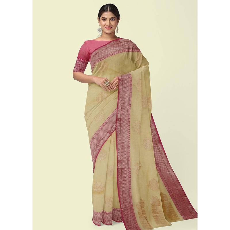 Beige Cotton Zari Saree Without Blouse Piece - JD986581845