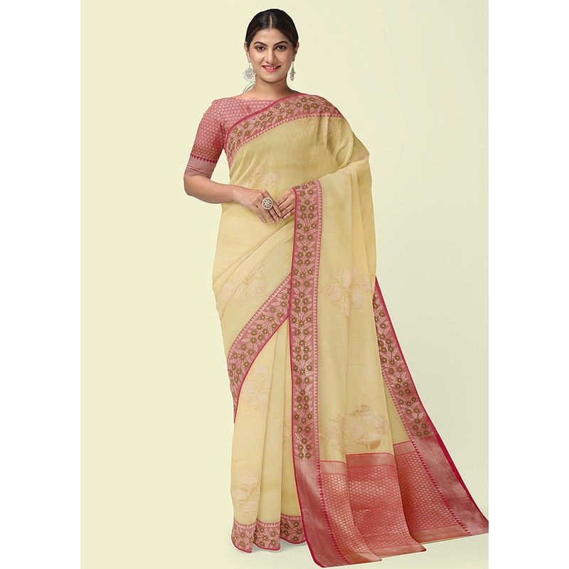 Beige Cotton Zari Saree Without Blouse Piece - JD986581846